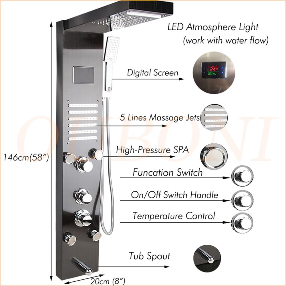 OUBONI Digital Shower Panel ,with LED Rain Waterfall, Shower Spa Jets , and a Bath Shower Mixer Faucet