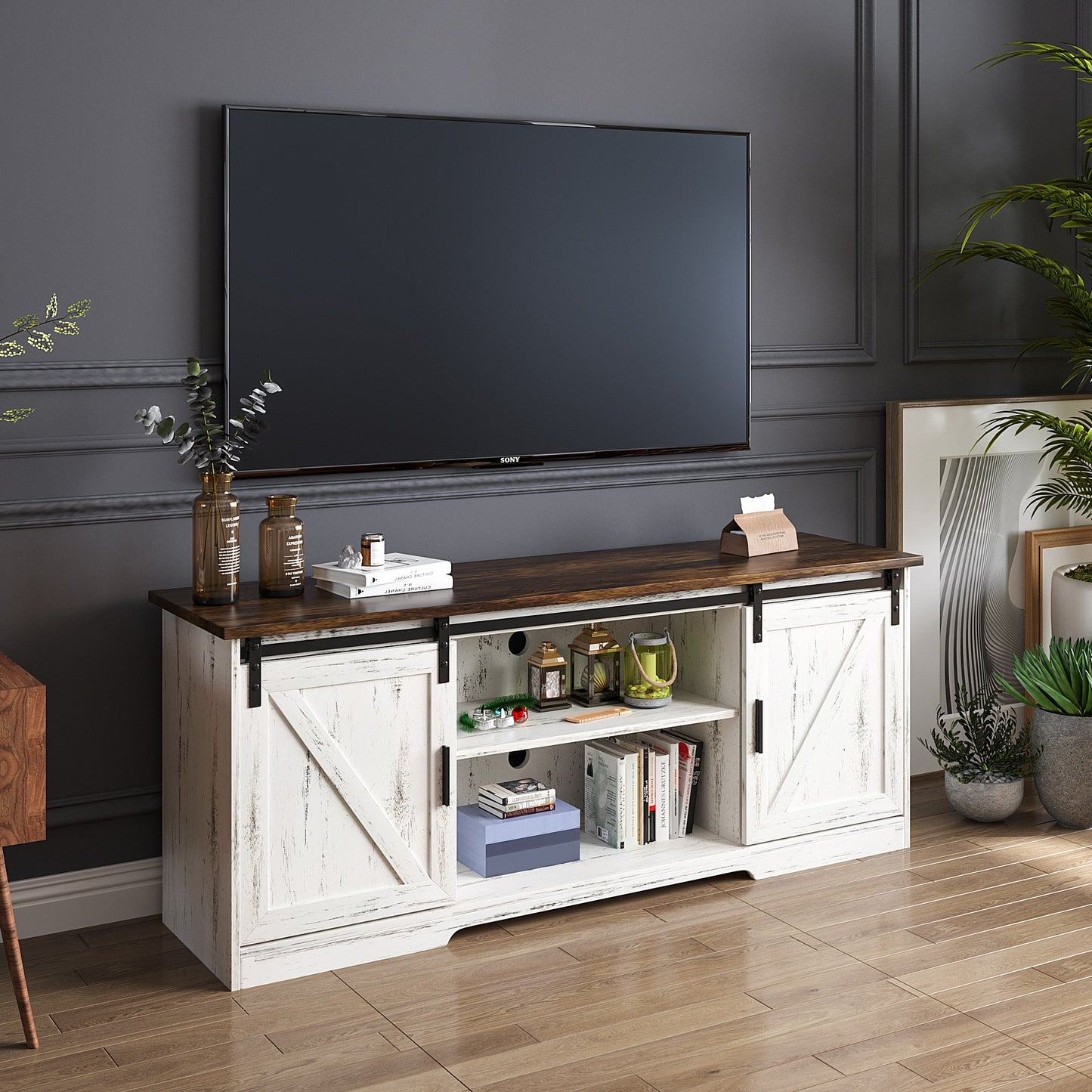 White, Entertainment Center with Storage, & Sliding Barn Door Media Cabinet