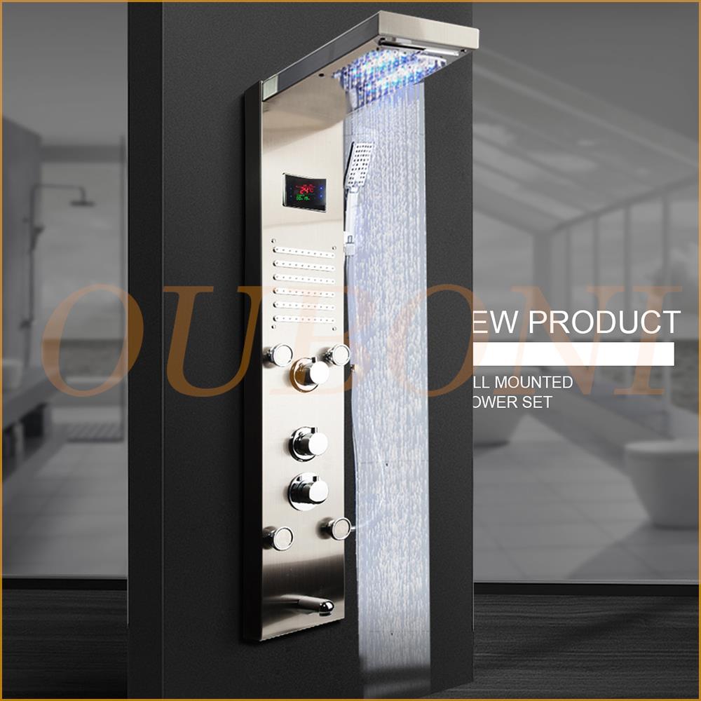 OUBONI Digital Shower Panel ,with LED Rain Waterfall, Shower Spa Jets , and a Bath Shower Mixer Faucet