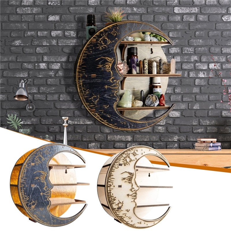 Rustic, Wall Hanging Storage Rack, Wooden Moon Shelf