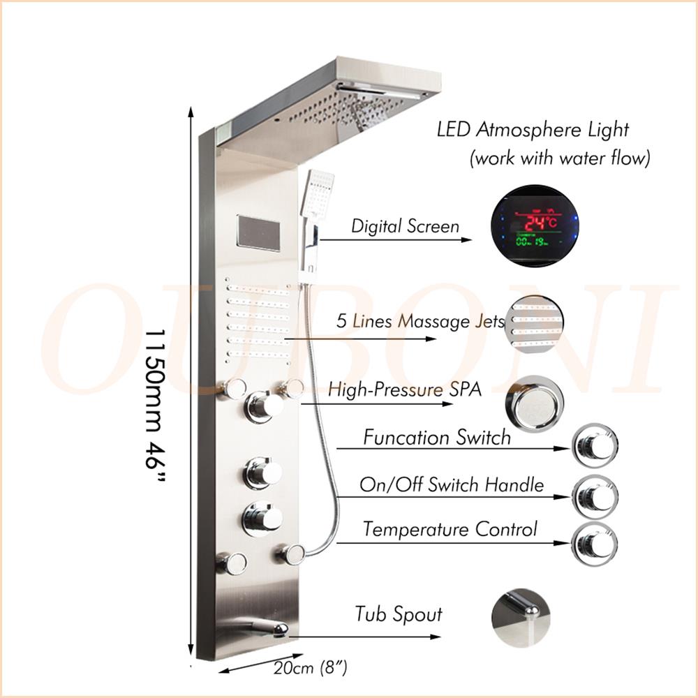 OUBONI Digital Shower Panel ,with LED Rain Waterfall, Shower Spa Jets , and a Bath Shower Mixer Faucet