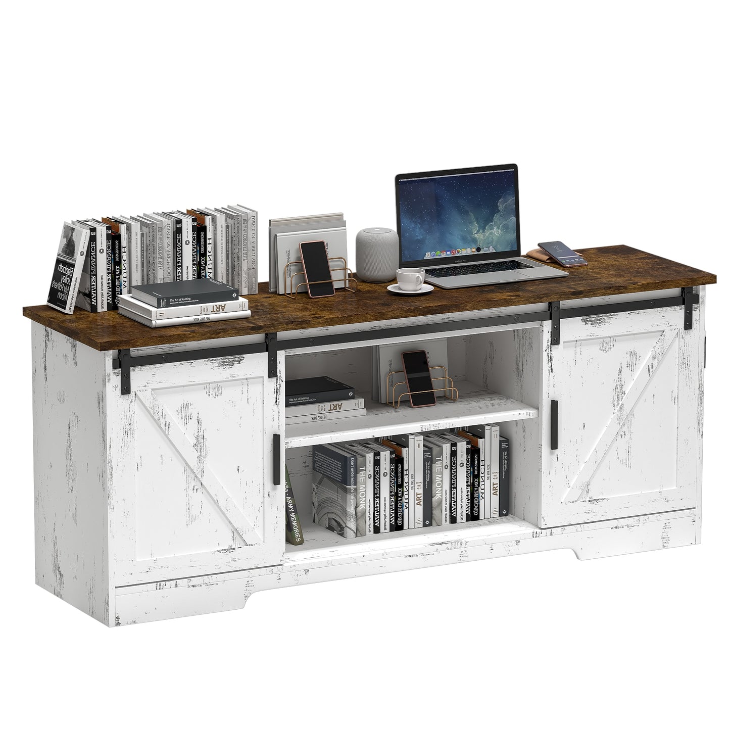 White, Entertainment Center with Storage, & Sliding Barn Door Media Cabinet