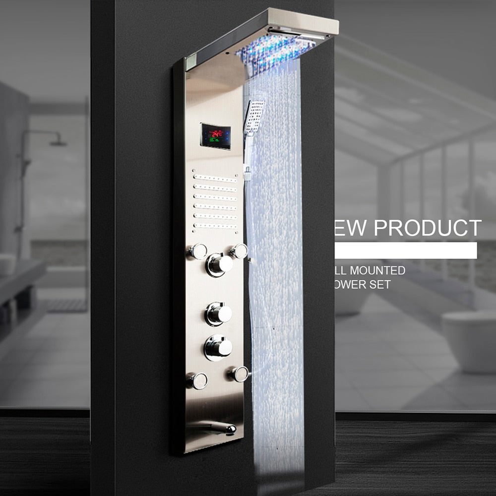 OUBONI Digital Shower Panel ,with LED Rain Waterfall, Shower Spa Jets , and a Bath Shower Mixer Faucet