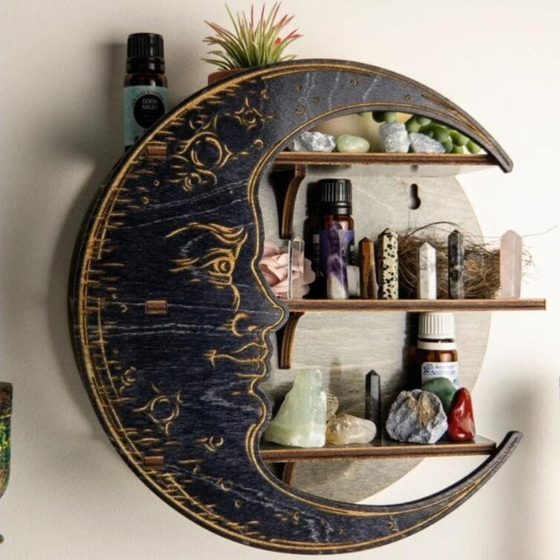 Rustic, Wall Hanging Storage Rack, Wooden Moon Shelf