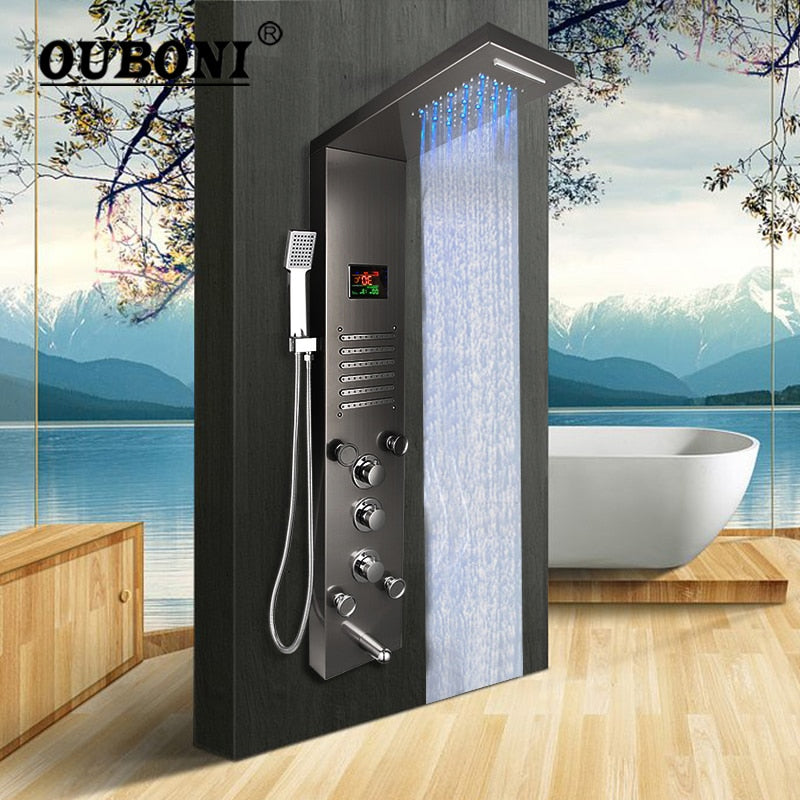 OUBONI Digital Shower Panel ,with LED Rain Waterfall, Shower Spa Jets , and a Bath Shower Mixer Faucet