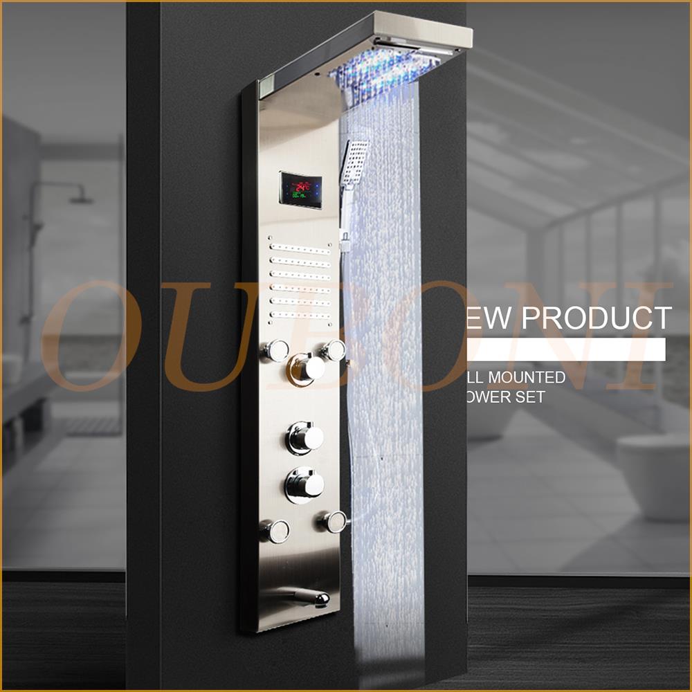 OUBONI  Digital Shower Panel ,with LED Rain Waterfall, Shower Spa Jets , and a  Bath Shower Mixer Faucet