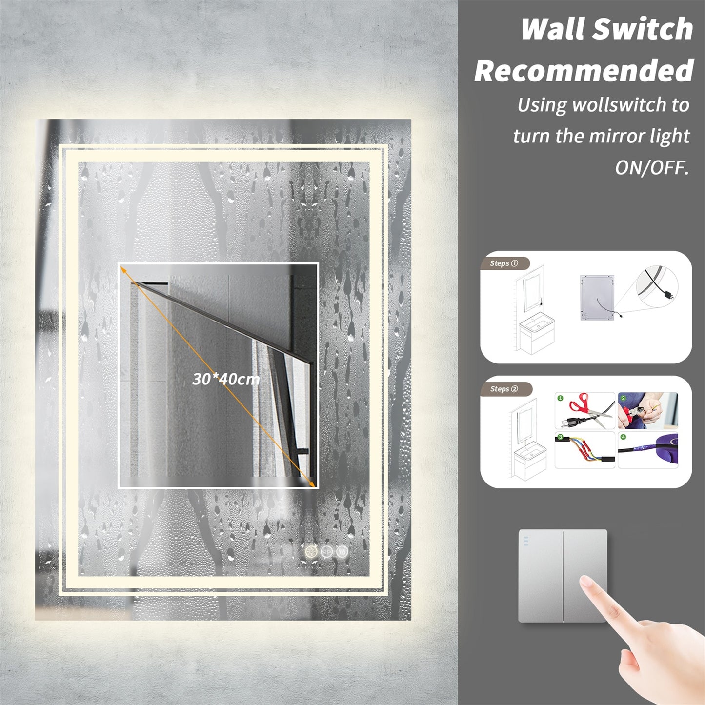 Large LED Vanity Mirror Wall Mounted Anti-Fog Dimmable Makeup Mirror