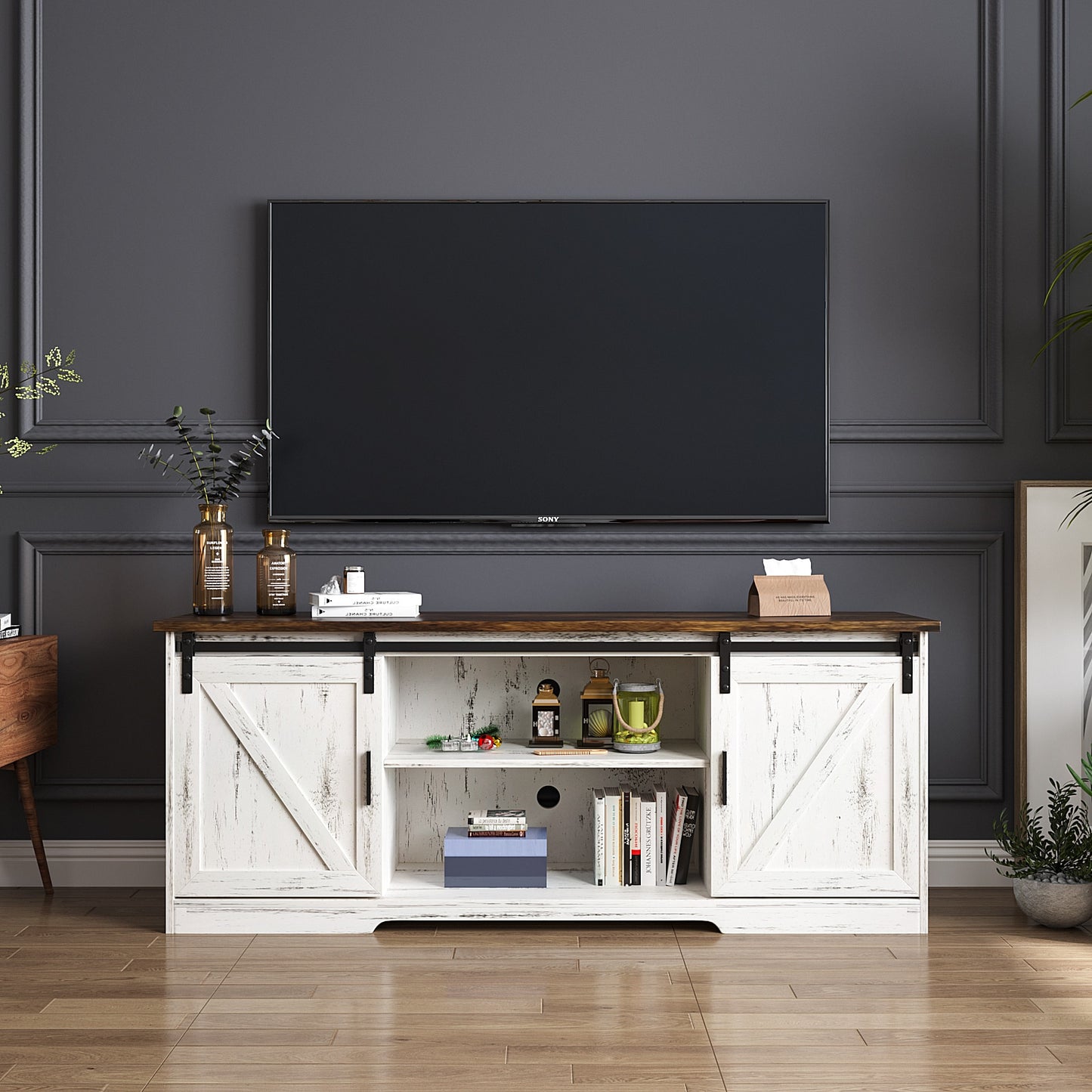 White, Entertainment Center with Storage,  & Sliding Barn Door Media Cabinet