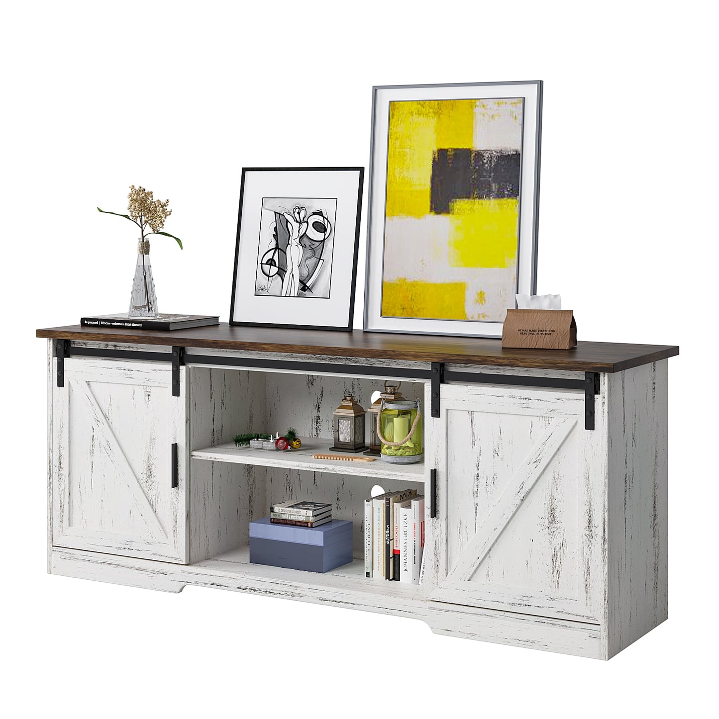 White, Entertainment Center with Storage,  & Sliding Barn Door Media Cabinet