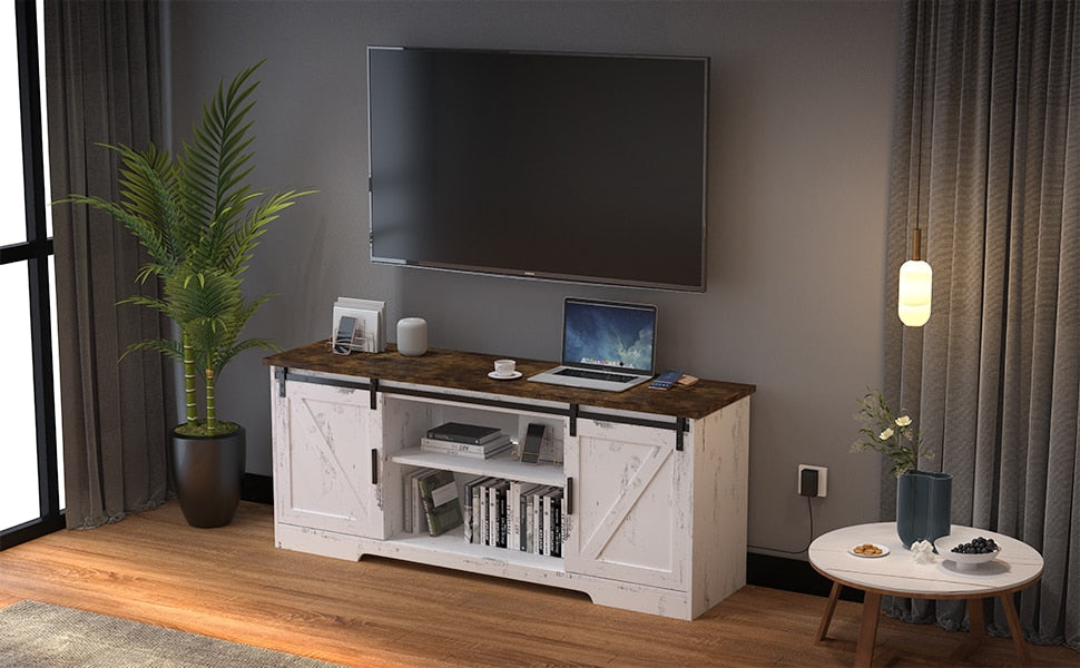 White, Entertainment Center with Storage,  & Sliding Barn Door Media Cabinet