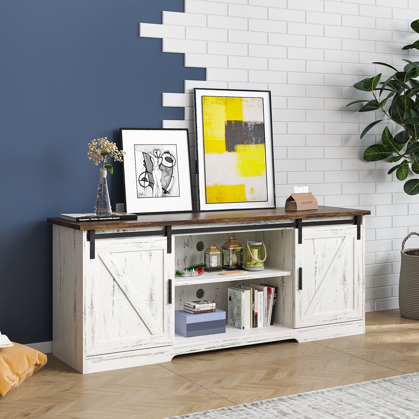 White, Entertainment Center with Storage,  & Sliding Barn Door Media Cabinet