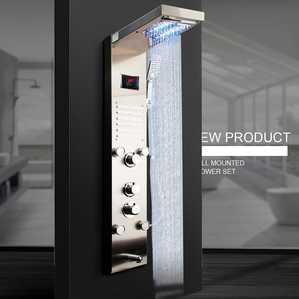 OUBONI  Digital Shower Panel ,with LED Rain Waterfall, Shower Spa Jets , and a  Bath Shower Mixer Faucet